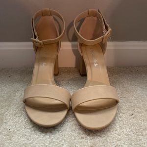 Nude ankle strap, chunky heel sandal